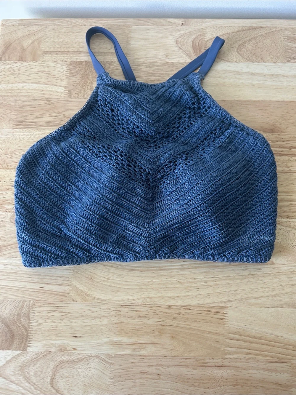 Xhilaration Slate Blue Crochet Halter Swim Top with Gold Accents